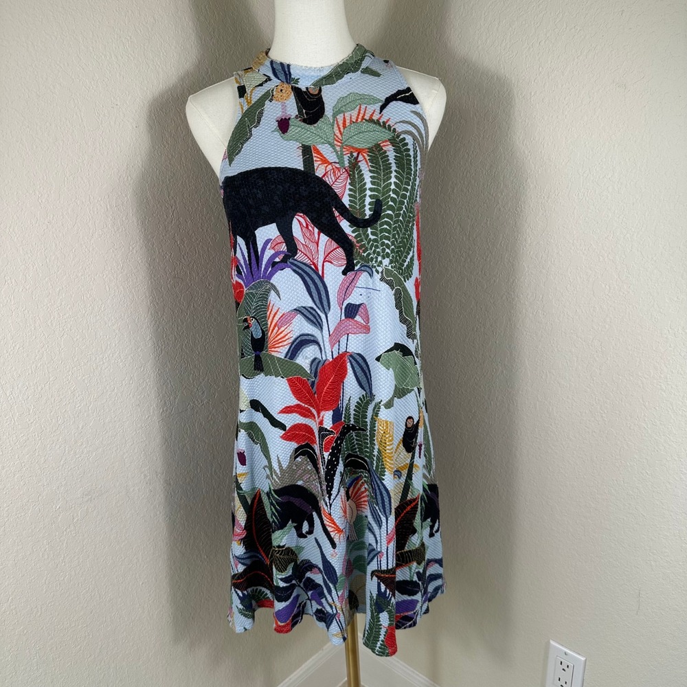 Anthropologie Farm Rio Halter Mini Dress M Blue Tropical Jungle Animal Print